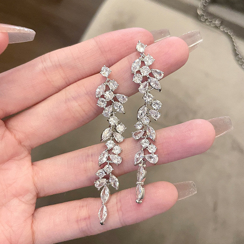 Long Tassel Zircon Drop Earrings,Silver Needle Dangle Earrings,Vintage Elegant Wedding Dinner Party Bridal Ear Jewelry,Prom Formal Evening Statement Earrings
