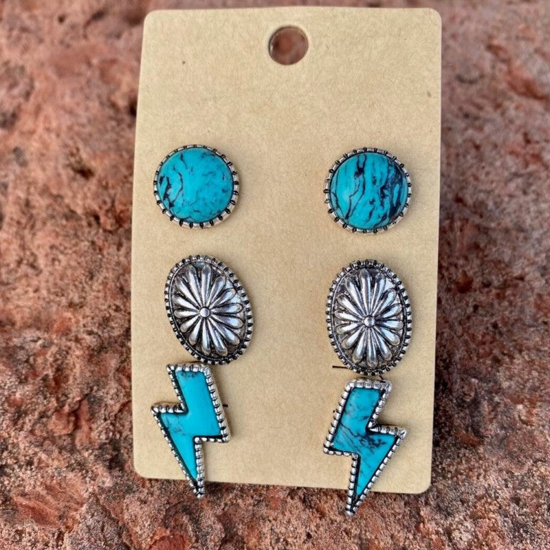 Bohemian Lightning Pumpkin Flower Turquoise Alloy Earring Trio Set