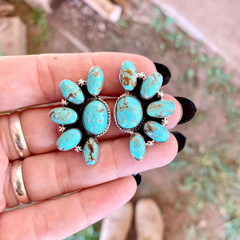 Bohemian-style vintage floral turquoise stud earrings