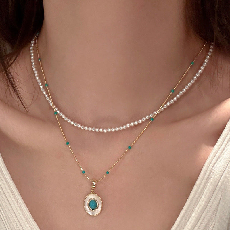 Turquoise and Pearl Layered Necklace with Collarbone Chain
