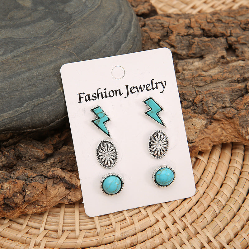 Bohemian Lightning Pumpkin Flower Turquoise Alloy Earring Trio Set
