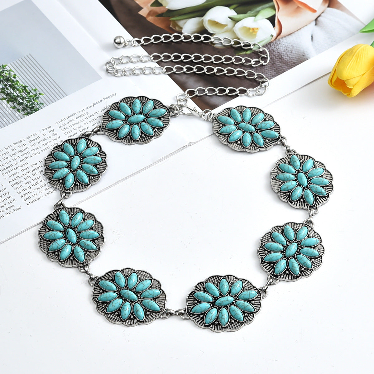 Bohemian Vintage Turquoise Inlaid Metal Waist Chain