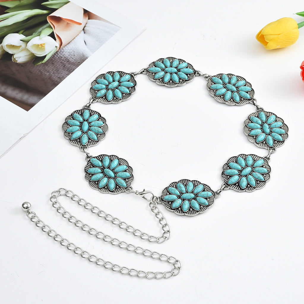 Bohemian Vintage Turquoise Inlaid Metal Waist Chain