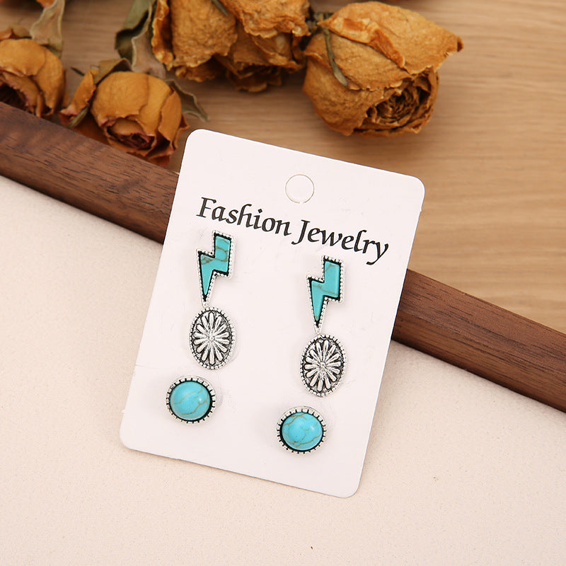 Bohemian Lightning Pumpkin Flower Turquoise Alloy Earring Trio Set