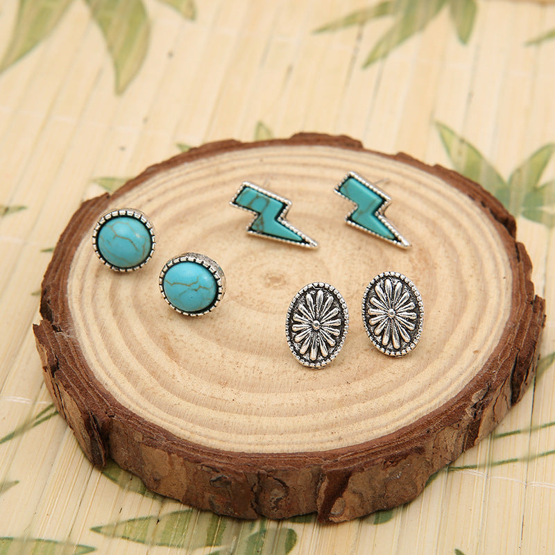 Bohemian Lightning Pumpkin Flower Turquoise Alloy Earring Trio Set