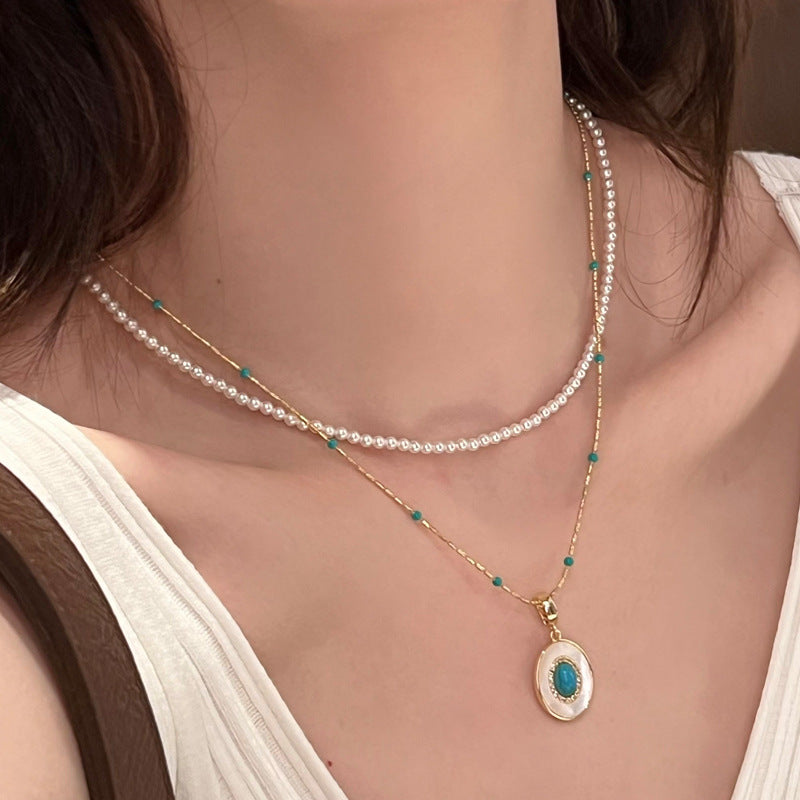 Turquoise and Pearl Layered Necklace with Collarbone Chain