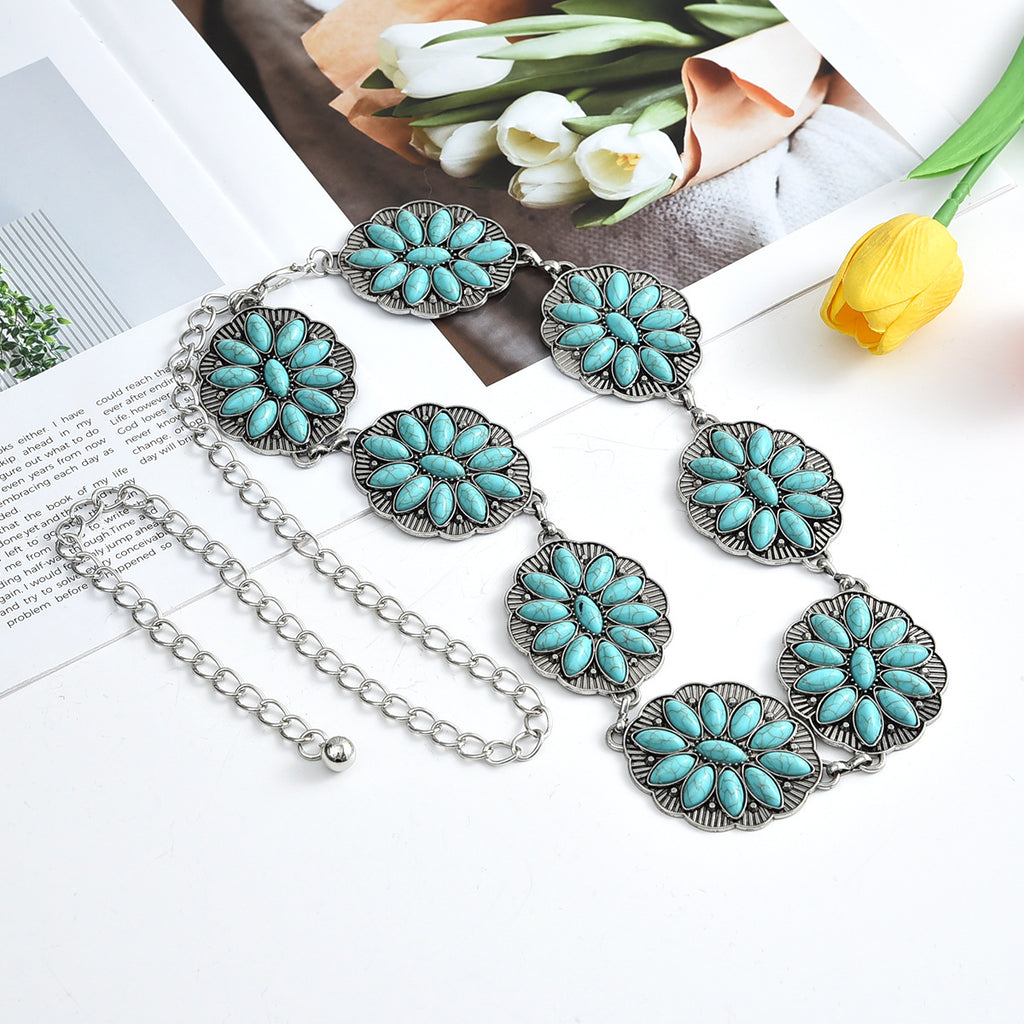 Bohemian Vintage Turquoise Inlaid Metal Waist Chain