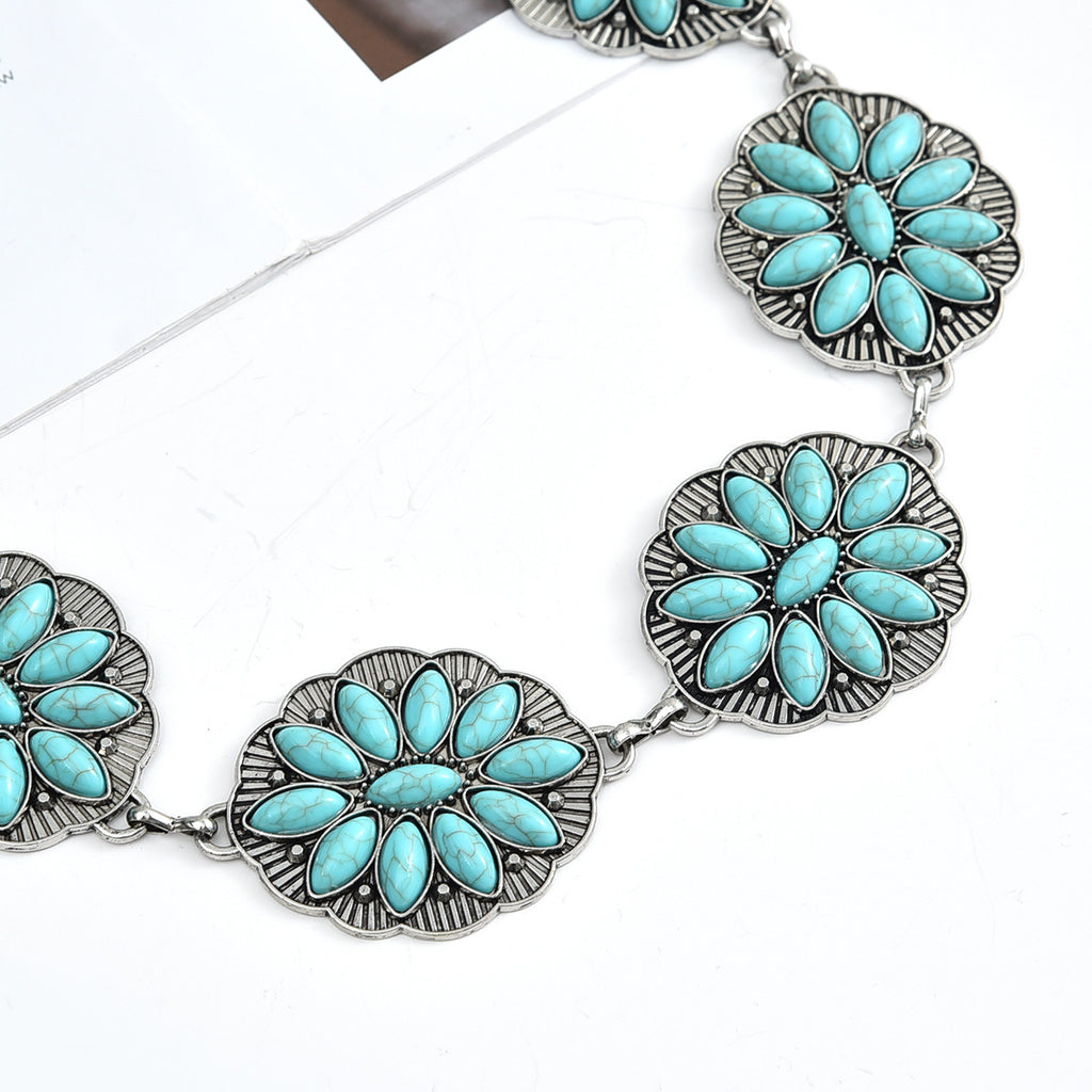 Bohemian Vintage Turquoise Inlaid Metal Waist Chain