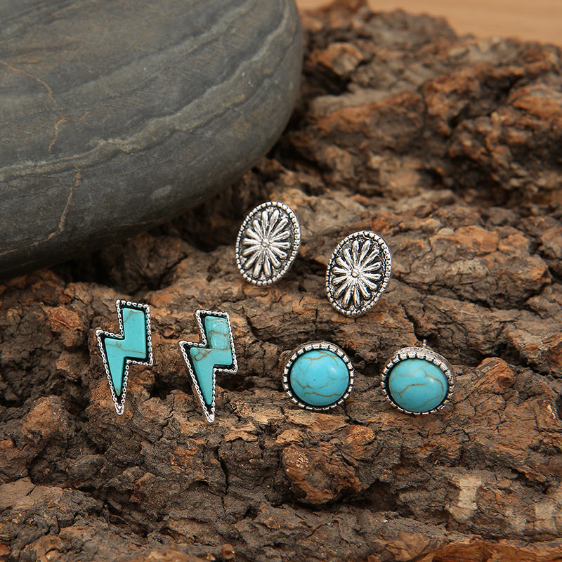 Bohemian Lightning Pumpkin Flower Turquoise Alloy Earring Trio Set