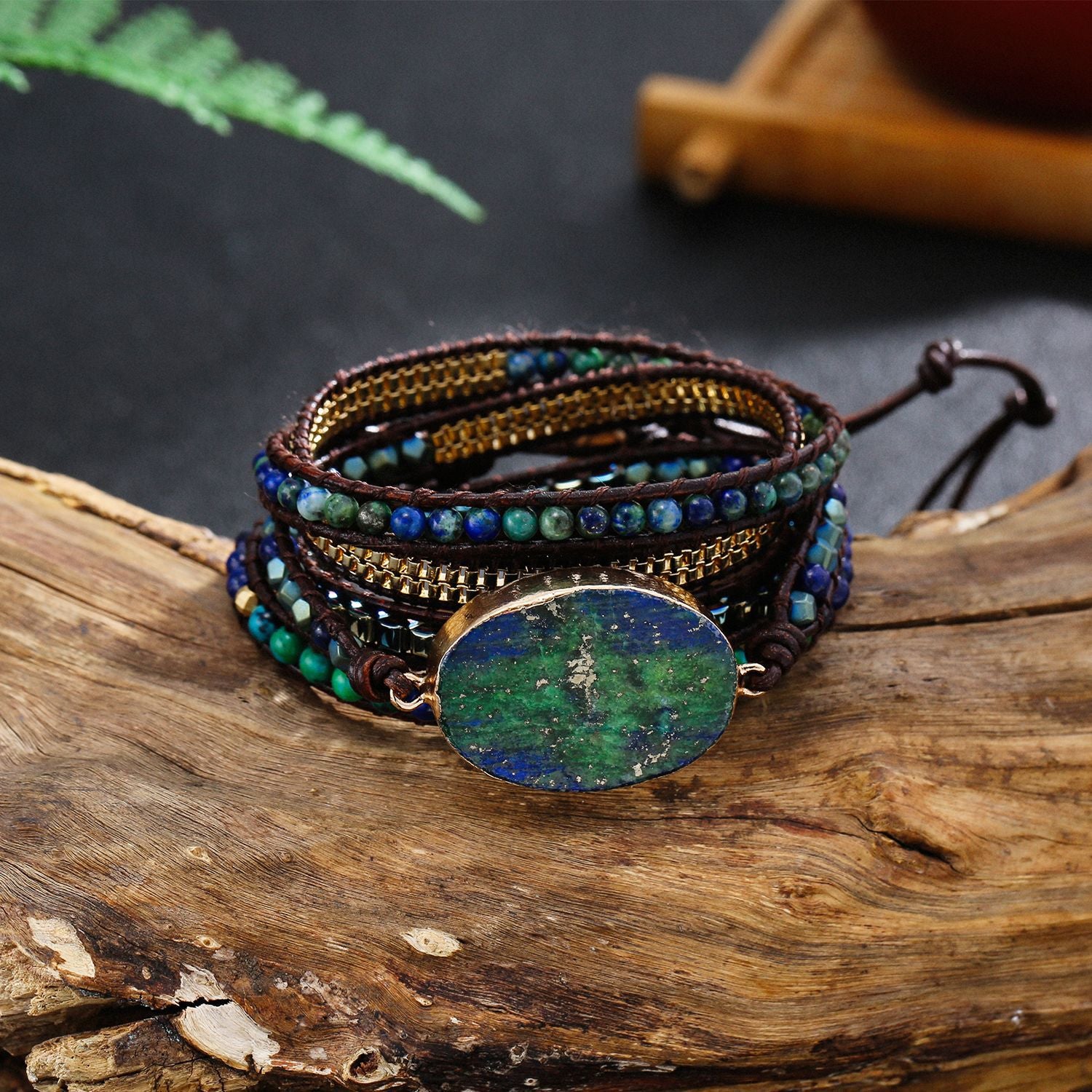 Natural Phoenix Lapis Lazuli Gold-edged Vintage Leather Bracelet