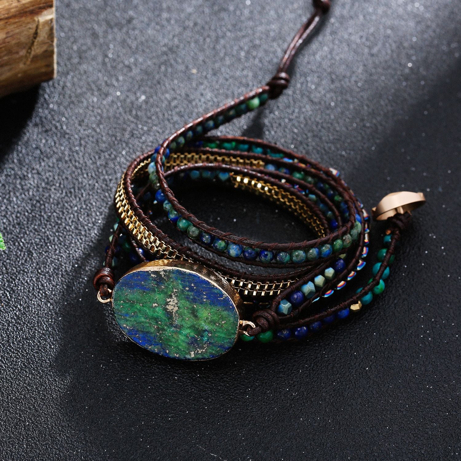Natural Phoenix Lapis Lazuli Gold-edged Vintage Leather Bracelet