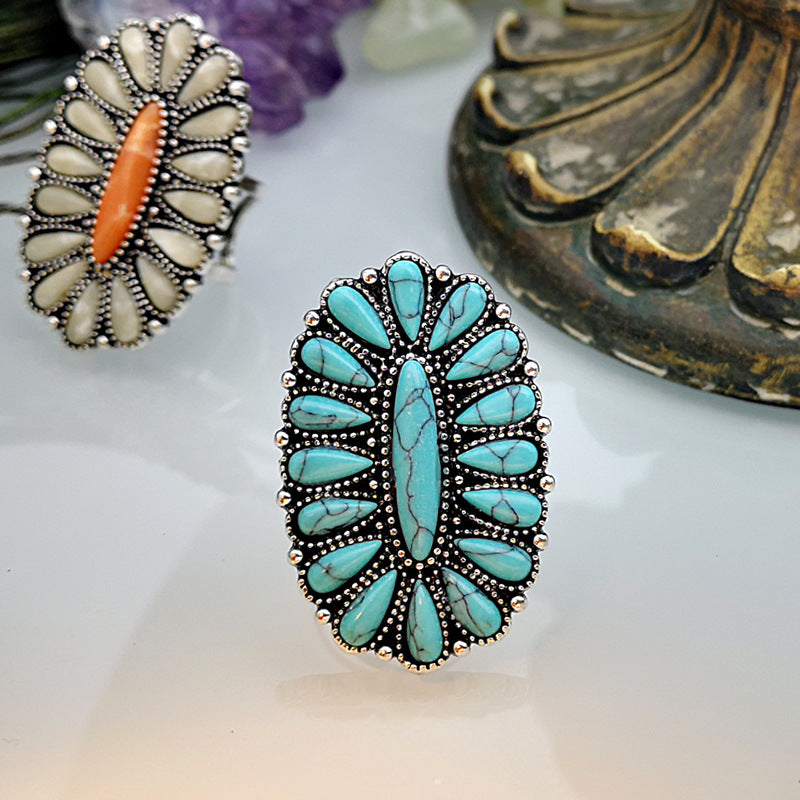 Vintage Multicolor White Jade and Turquoise Ring