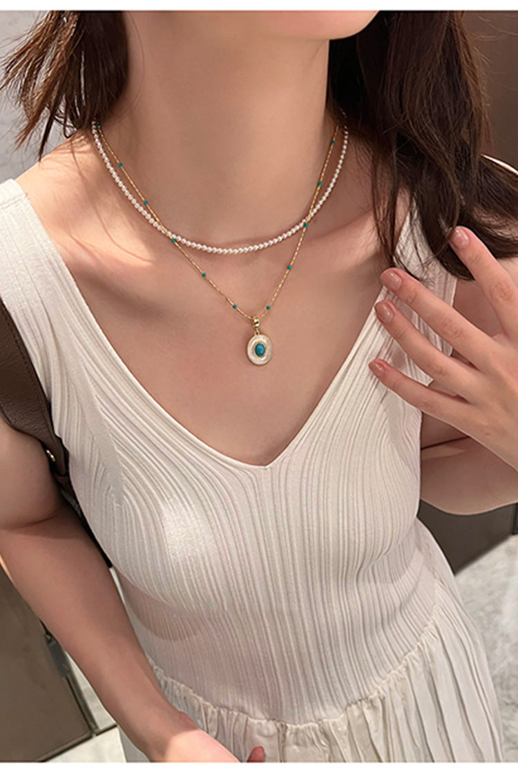 Turquoise and Pearl Layered Necklace with Collarbone Chain