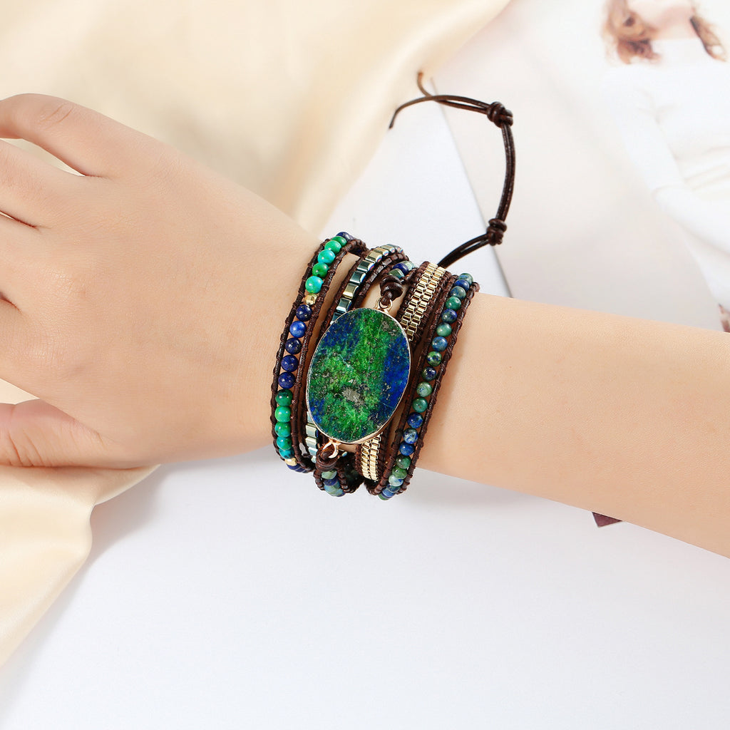 Natural Phoenix Lapis Lazuli Gold-edged Vintage Leather Bracelet