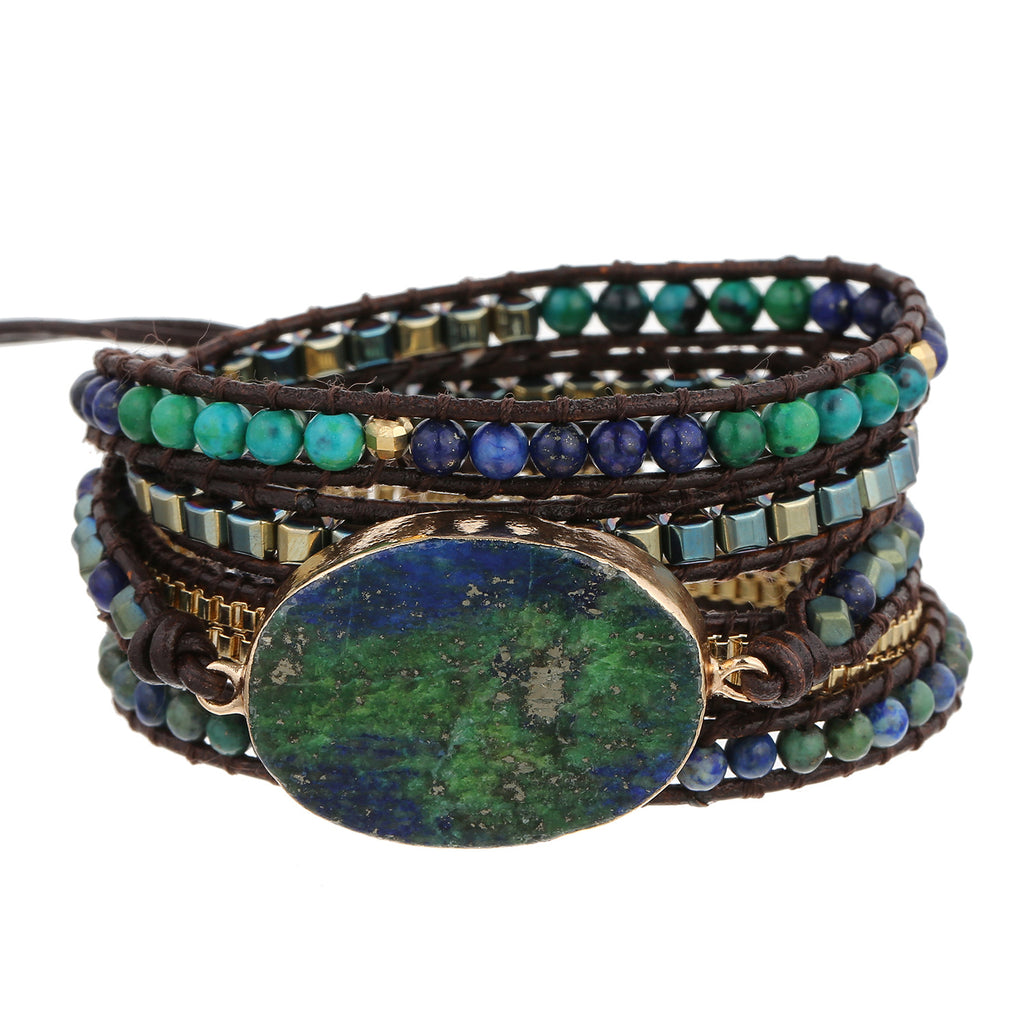 Natural Phoenix Lapis Lazuli Gold-edged Vintage Leather Bracelet