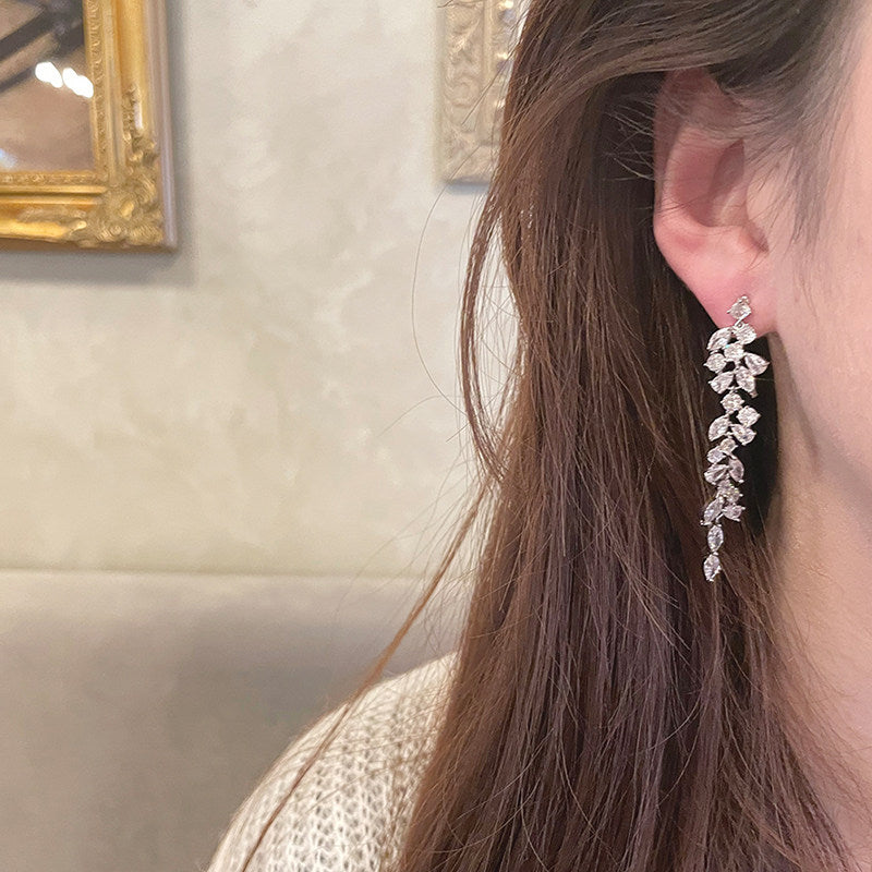 Long Tassel Zircon Drop Earrings,Silver Needle Dangle Earrings,Vintage Elegant Wedding Dinner Party Bridal Ear Jewelry,Prom Formal Evening Statement Earrings