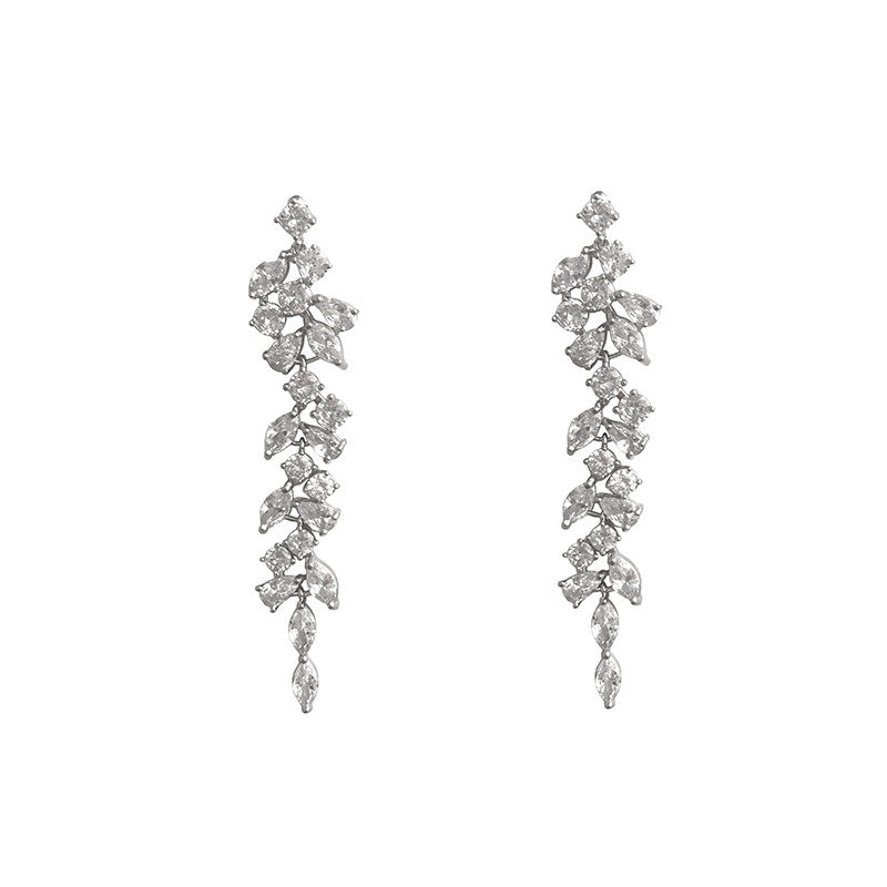Long Tassel Zircon Drop Earrings,Silver Needle Dangle Earrings,Vintage Elegant Wedding Dinner Party Bridal Ear Jewelry,Prom Formal Evening Statement Earrings