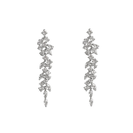 Long Tassel Zircon Drop Earrings,Silver Needle Dangle Earrings,Vintage Elegant Wedding Dinner Party Bridal Ear Jewelry,Prom Formal Evening Statement Earrings