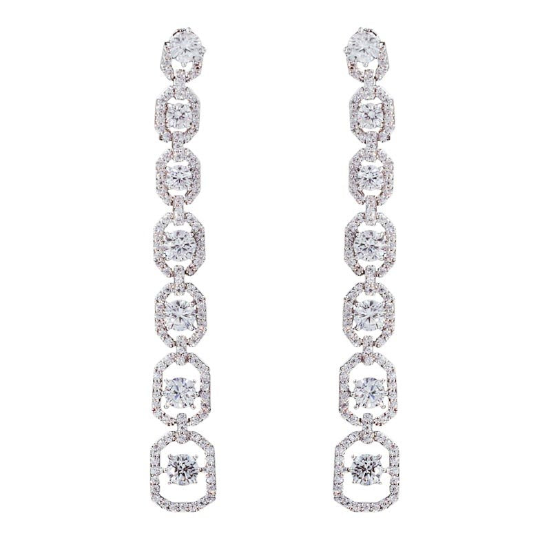 Silver Long Chain CZ Halo Drop Earrings Bridal Wedding Crystal Dangle Earrings