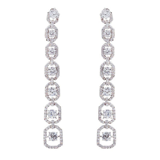 Silver Long Chain CZ Halo Drop Earrings Bridal Wedding Crystal Dangle Earrings