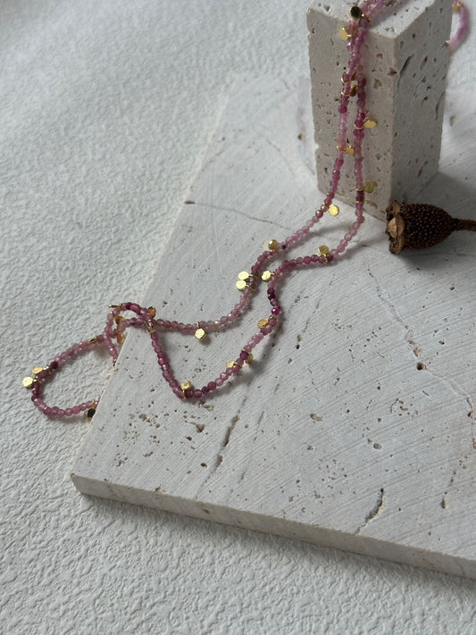 Pink Tourmaline Gold Long Chain Necklace - Gemstone Layering Necklace