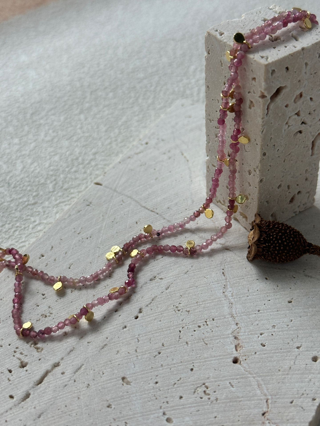 Pink Tourmaline Gold Long Chain
