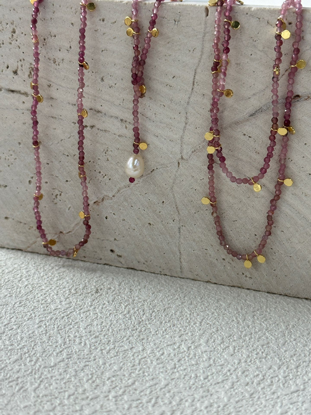 Pink Tourmaline Gold Long Chain