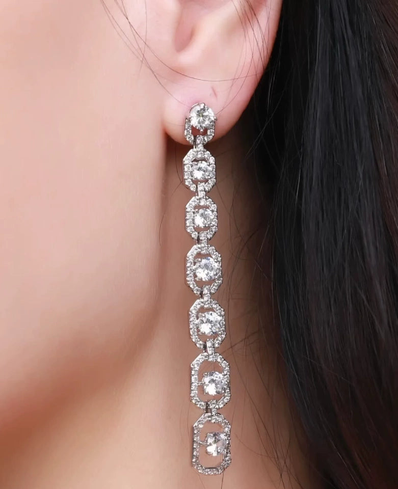Silver Long Chain CZ Halo Drop Earrings Bridal Wedding Crystal Dangle Earrings