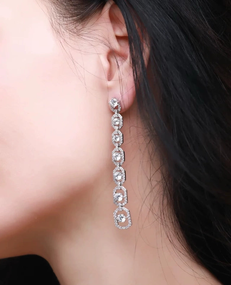 Silver Long Chain CZ Halo Drop Earrings Bridal Wedding Crystal Dangle Earrings