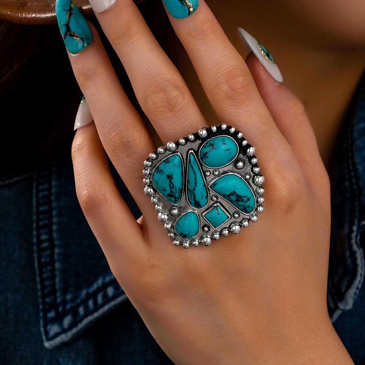 Vintage Denim-style Turquoise Decorated Ring