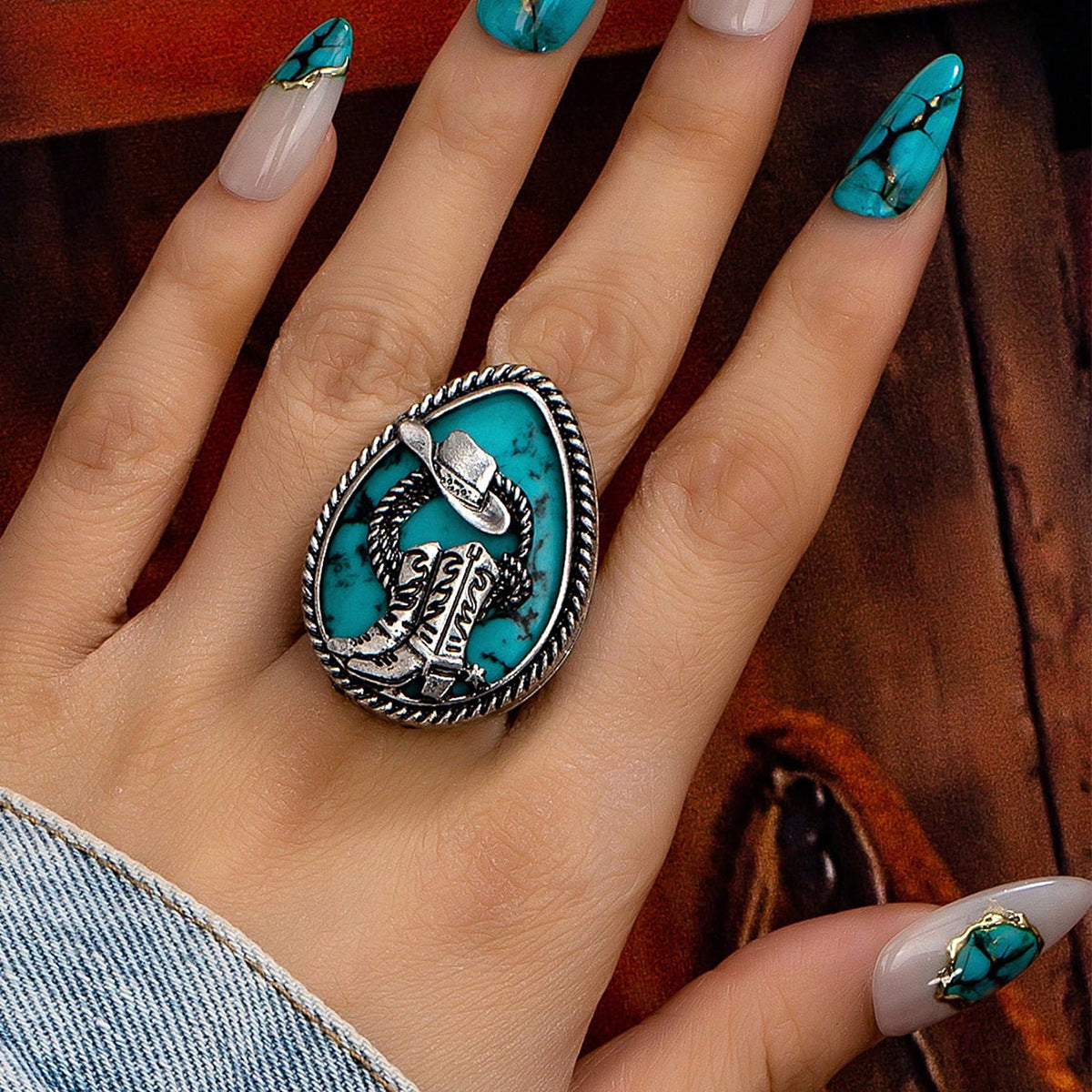 Vintage Denim-style Turquoise Decorated Ring